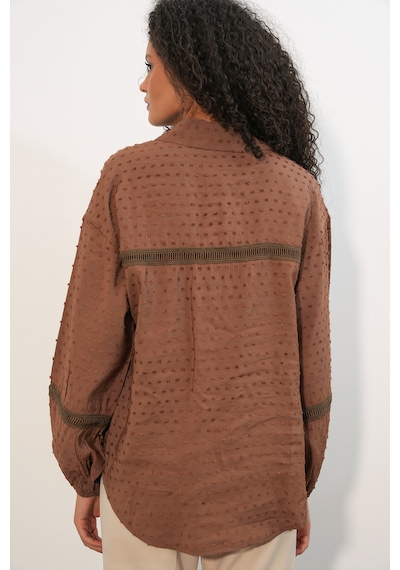 Bigdart Kadın Oversize Desenli Gömlek 20379 - Taba