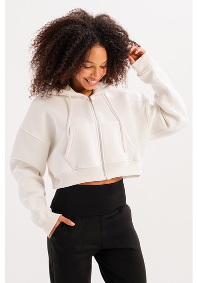 Justever Crop Kapüşonlu Fermuarlı Kanguru Cepli Şardonlu Hoodie Ekru Kadın Sweatshirt - Lumen Ekru