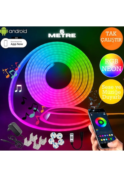 5 Metre Mobil Kontrollü Neon Strip Rgb Led Sese Ve Müziğe Duyarlı 5 Metre Mobil Kontrollü Neon Strip Rgb Led Sese Ve Müziğe Duyarlı