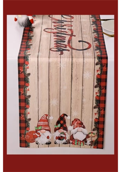Noel Masa Örtüsü 35x180 Cm Kırmızı Yeşil Cüce Ve Kar Taneli Desen Dayanıklı Polyester Yılbaşı Ma