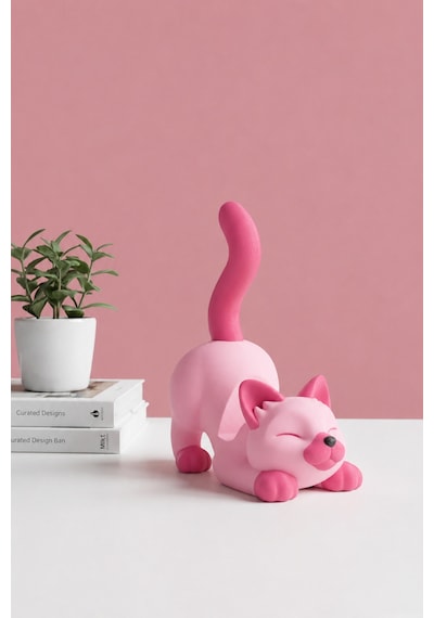 Pembe Kedi Figürlü Telefon Tutucu Stand - 3d Baskı Ofis Masaüstü Aksesuarı Ve Biblo