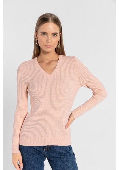 Miss Poem Kadın V Yaka Slim Fit Fitilli Uzun Kışlık Ekru Triko Kazak Pudra
