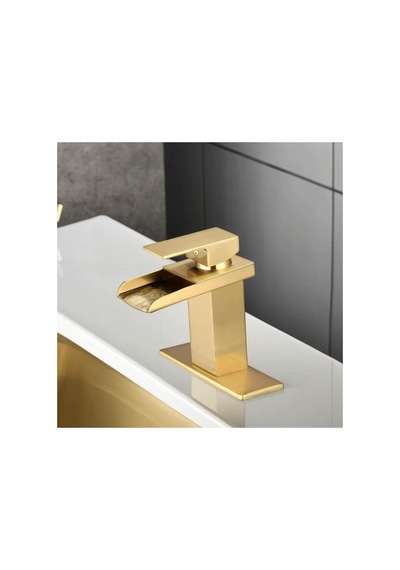 Rena Design Lavabo Bataryasi Mat Gold Şelale Kare Gövde Eğimli Havza Banyo Armatür Çift Giriş Lüks Ergonamik