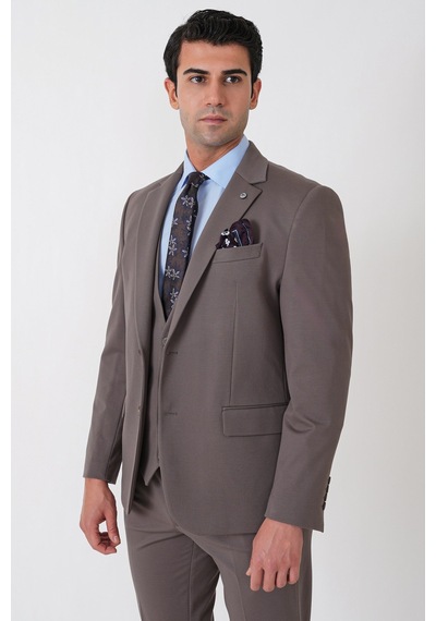 Efor Slim Fit Esnek Pamuklu Dokulu Vizon Yelekli Takım Elbise Tk 959