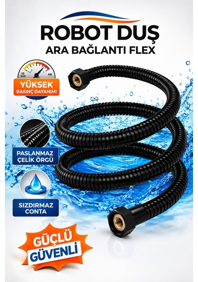 Robot Duş Ara Bağlantı Hortumu 60 Cm Flex Hortum Paslanmaz Çelik Örgülü Yüksek Basınçlı Siyah