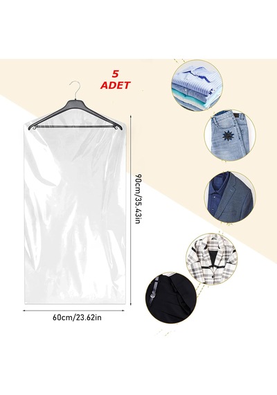5 Adet 60x90 Cm Şeffaf Elbise Poşeti, Omuz Kesimli Askı Delikli Koruyucu Elbise Kıyafet Hurcu