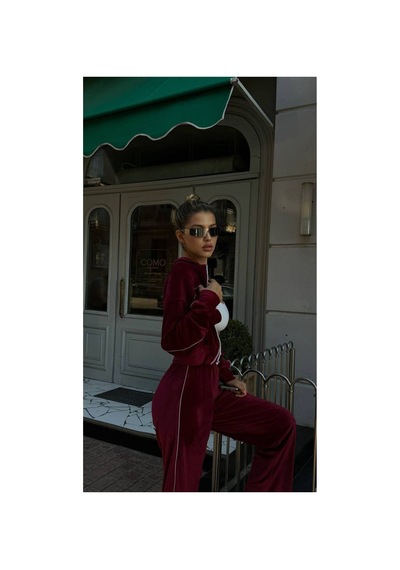 Mayrem Kadın Biyeli Oversize Kadife Eşofman Takım Bordo