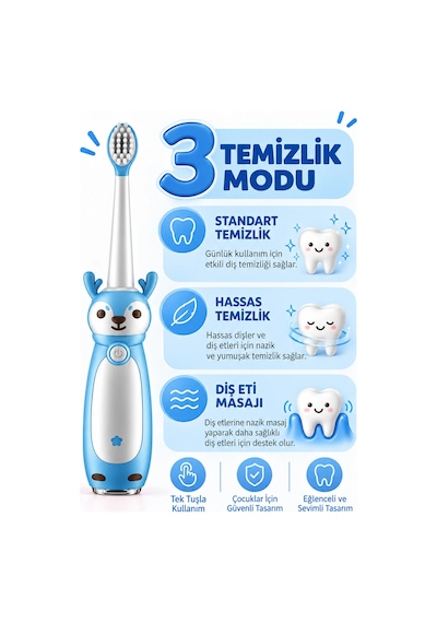 Exenar - Mavi - Çocuk Şarjlı Sonic Elektrikli Diş Fırçası 3 Akıllı Modlu Ipx7 Su Geçirmez Titreşimli Yumuşak Kıllı