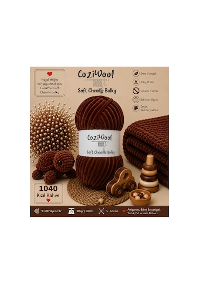 Kadife İp Soft Chenille Bulky 5'li Paket 5x100 Gr 120 Mt El Örgü İpi Kızıl Kahve - 875823131