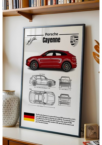 Porsche Cayenne Tablo - Teknik Özellikli Lüks Suv Poster - Çerçeveli Duvar Dekoru - Araba Blueprint Siyah