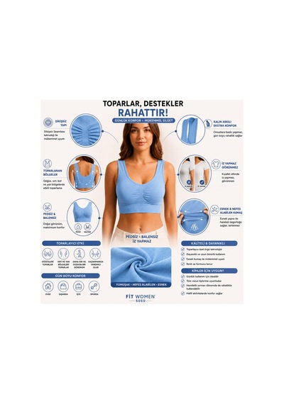 Fit Women Göğüs ı Dikişsiz Seamless Büstiyer Korse Kalın Askılı Pedsiz Balensiz ı Sütyen 5050 Mavi