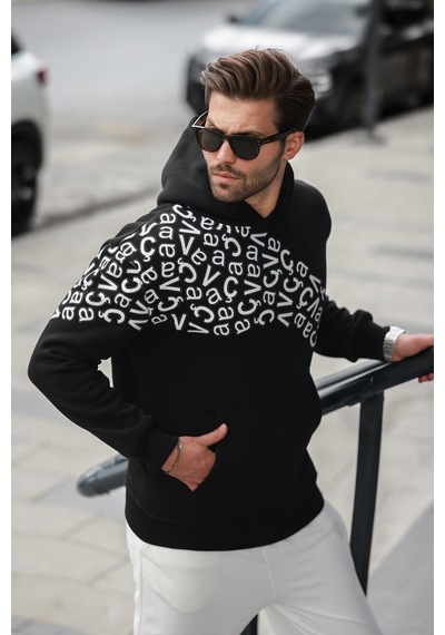 Madmext Siyah Baskılı Kapüşonlu Erkek Sweatshirt E7160 Siyah