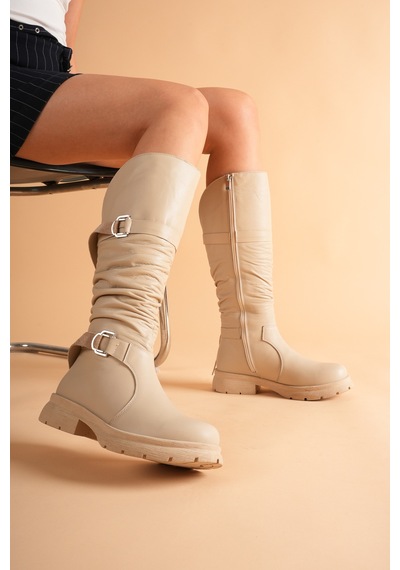 Analin Shoes Kadın Hakiki Deri Büzgü Detaylı Tokalı Fermuarlı Uzun Çizme Bej