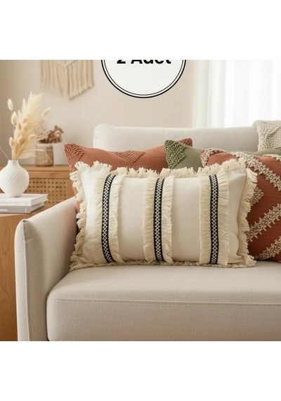 Keten Krem Üç Püsküllü Kırlent 2 Adet Kırlent Kılıfı 35 X 55