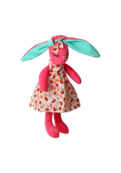 İthal Kumaş Uzun Kulaklı Renkli Kıyafetli Sevimli Tavşan Peluş Oyuncak Uyku & Oyun Arkadaşı 30 Cm. Koyu Pembe