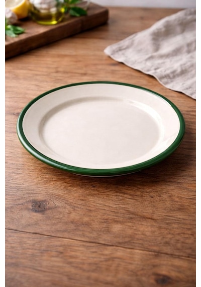 4'lü Emaye Servis Tabağı Seti - 25 Cm Krem Renkli Yeşil Kenarlı Yemek Tabağı Takımı - Retro Nos Krem Yesil