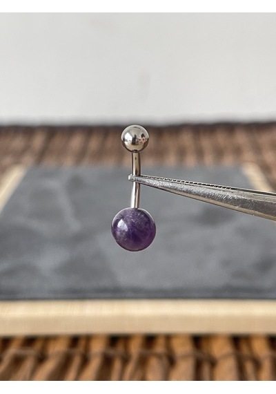 %100 Cerrahi Çelik Doğal Ametis Taşlı Çelik Göbek Piercingi Gümüş