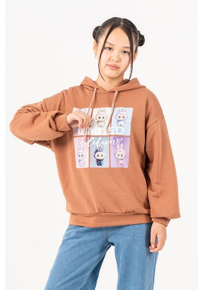 Kız Çocuk Labubu Baskılı 3 İplik Kışlık Şardonsuz Sweatshirt 4540 Kahve