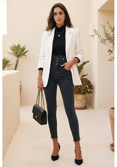 Soulshae Siyah Yüksek Bel Düğmeli Denim Pantolon