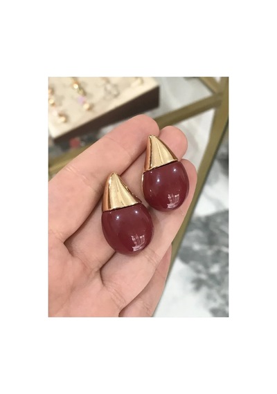 Gold Detaylı Trend Küpe Bordo