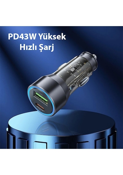 Hoco Nz12a Action Pd43w Usb + Type-c Araç Çakmaklık Hızlı Şarj Aleti + Type-c To İphone Lightning Ka- 5775