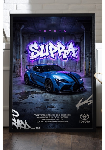 Toyota Supra Siyah Ahşap Çerçeveli Poster, Dekoratif Araba Duvar Tablosu