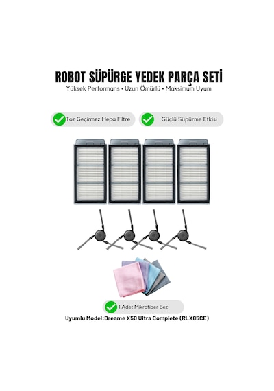 Dreame X50 Ultra Complete Rlx85ce İle Uyumlu 4 Yan Fırça 4 Filtre 1 Temizlik Bezi 10.0