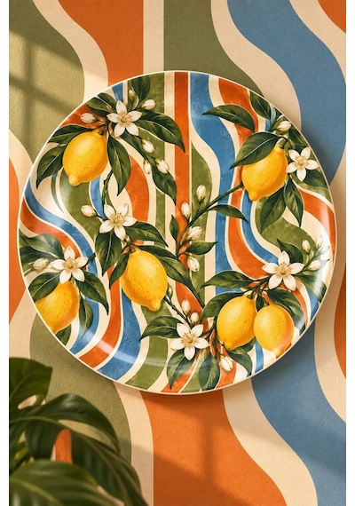 Dekoratif Duvar Tabağı Limonlu Retro Esintiler Dekorlu Seramik Tabak Kahverengi