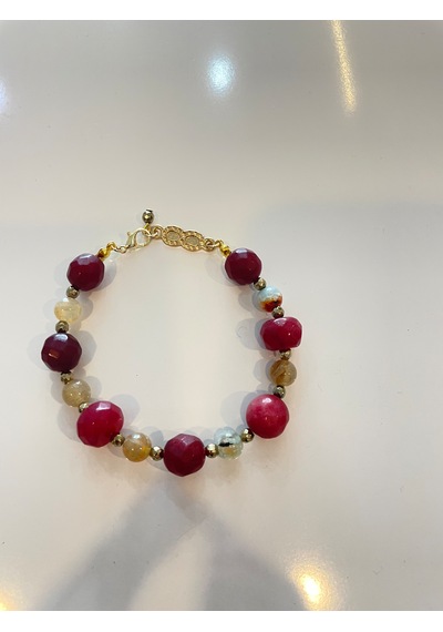 Granat Ve Sarı Akik Doğaltaş Handmade Bileklik Bordo