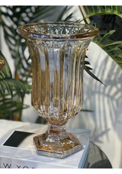 Elta Collection Lüks Füme & Gold Cam Dekoratif Vazo Modern Masa Üstü Ev Aksesuarı Altın