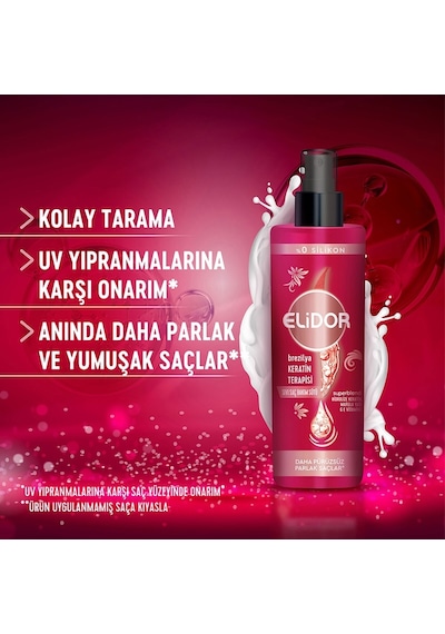 Elidor Brezilya Keratin Terapisi Şampuan + Serum Bakım Kremi + Sıvı Saç Bakım Sütü + Isı İle Aktifleşen Keratin Bakım Kürü