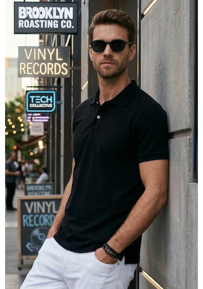 Tudors Erkek Slim Fit Dar Kesim Pamuklu Yumuşak Dokulu Serin Tutan Kumaş Düz Pike Polo Yaka Tişört-30765 Siyah