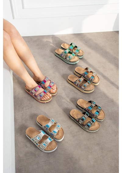 Shoete More Kadın Terli Dolgu Tabanlı Full Taşlı Yeşil Yeşil