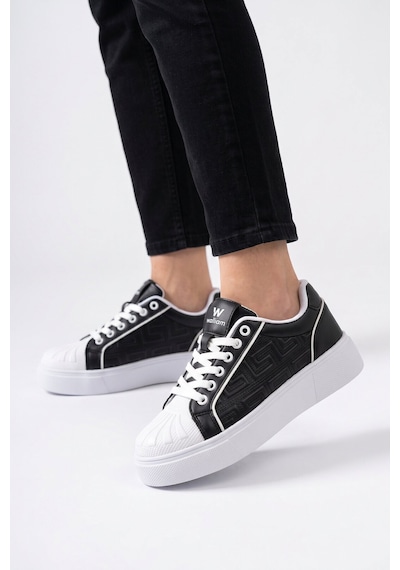 Walkway Siyah-beyaz Bağcıklı Kalın Rahat Tabanlı Kadın Casual Yürüyüş Ayakkabı Sneaker 26201 Siyah - Beyaz