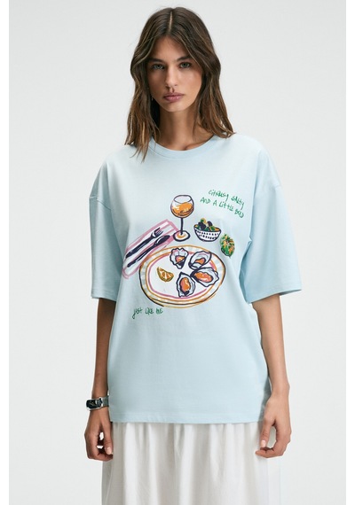 Grımelange NITZA Kadın %100 Pamuk Oversize Bisiklet Yaka Mavi T-Shirt Grımelange NITZA Kadın %100 Pamuk Oversize Bisiklet Yaka Mavi T-Shirt