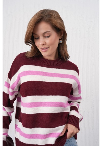Park Karon Kadın Kemik Bisiklet Yaka Çizgili Oversize Triko Kazak 8655sw Bordo