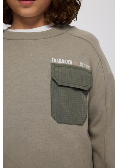 Panço Erkek Çocuk Yuvarlak Yaka Cepli Baskılı Parça Detaylı Antrasit Sweatshirt Gri