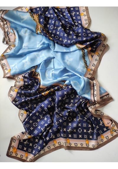 Miorel Scarfs Premium Kalite Lv Desen Vual İpek Şal Yeni Sezon Silk Scarfs Shawl Hijab Fular Mavi Turkuaz