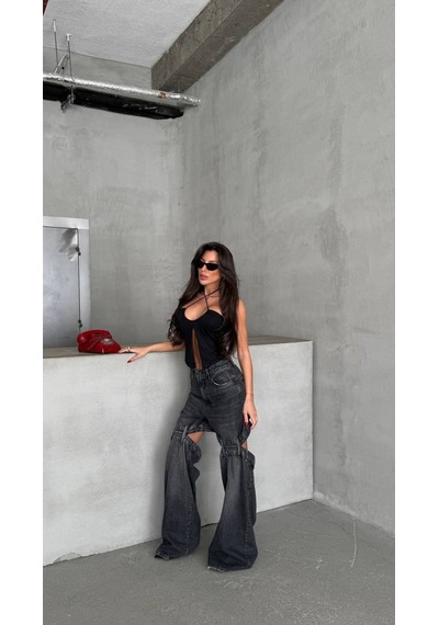 Çift Parçalı Detaylı Wide Leg Jean Pantolon siyah