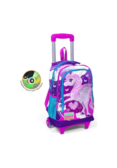 Coral High Kids Mor Pembe Unicorn Desenli Üç Bölmeli Işıklı Tekerlekli Çekçekli Sırt Çantası 23908