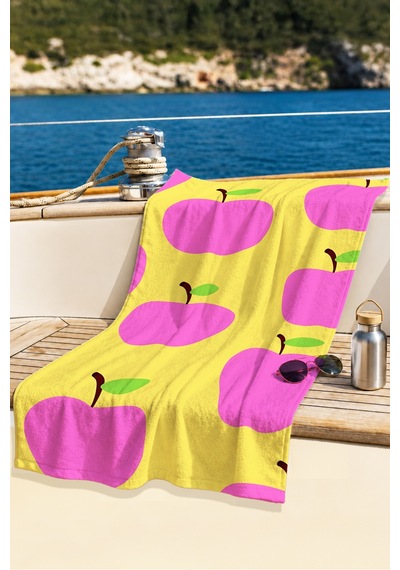 Meyve Temalı Pembe Elma Plaj Havlu Örtüsu - Sarı Minimalist Hızlı Kuruyan Mikrofiber Havlu Örtü Çok Renkli