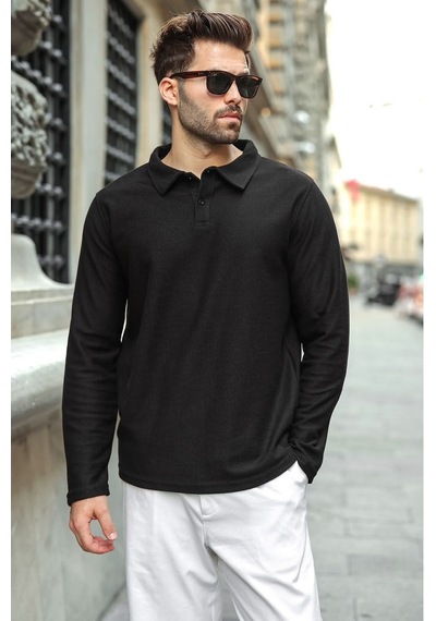 Madmext Siyah Gömlek Yaka Dokulu Regular Fit Erkek Sweatshirt E7203