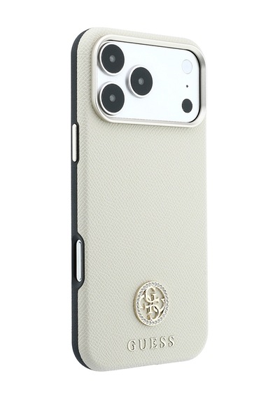Apple iPhone Uyumlu 18 Pro Max Kılıf Guess Lisanslı M-safe Özellikli Pu Taşlı Metal 4g Ve Yazı Logolu Kapak Bej