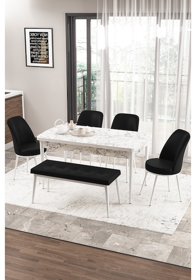 Canisa Concept Zen Serisi 80x132 Mdf Açılabilir Beyaz Mermer Desen Masa Takımı 4 Siyah Sandalye Ve 1 Bench Masa Beyaz Mermer Sandalye Ve Bench Siyah Canisa Concept Zen Serisi 80x132 Mdf Açılabilir Beyaz Mermer Desen Masa Takımı 4 Siyah Sandalye Ve 1 Bench Masa Beyaz Mermer Sandalye Ve Bench Siyah