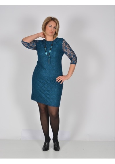 Nidya Moda Büyük Beden Midi Kol Elbise-4009Bdp Petrol
