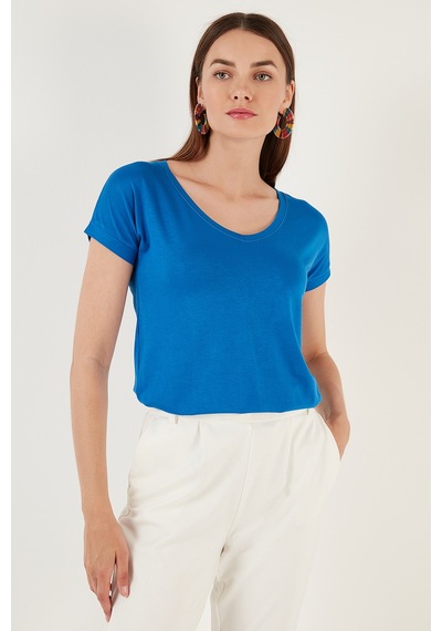 Lela V Yaka Rahat Kesim Yırtmaçlı Bayan Bluz 5862000 Saks