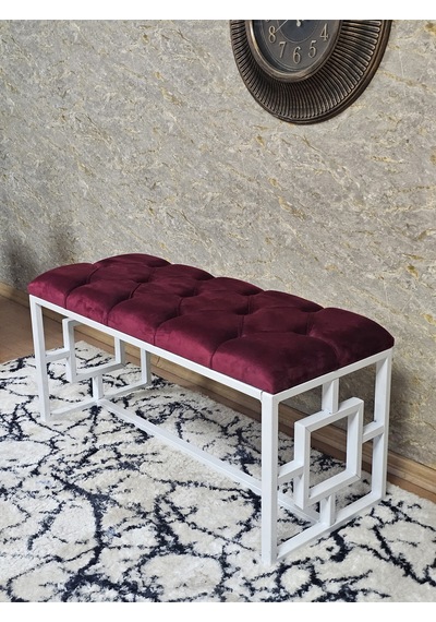 Zafir Beyaz Boyalı İçi Kareli Diktörtgen 100 Cm X 40 Cm Oturak Puf - Bench - Makyaj Oturağı - Oturak Bordo