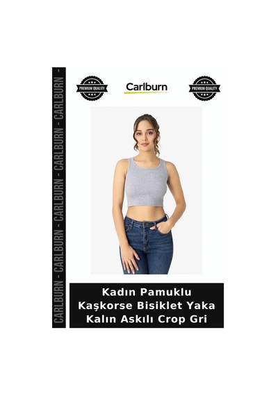 Carlburn Özel Üretim Kadın Pamuklu Kaşkorse Bisiklet Yaka Kalın Askılı Crop Gri Bayan Giyimleri Ev Giyimi