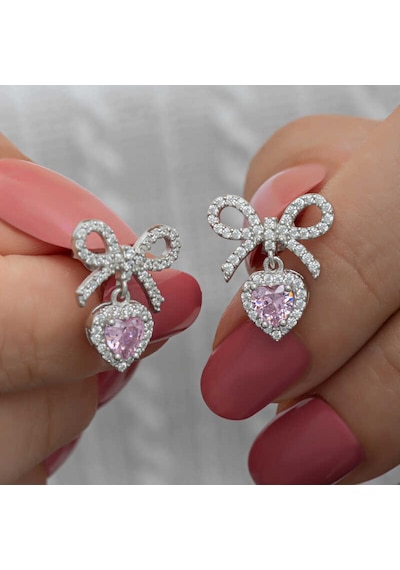 Kenpazar Gümüş Fiyonk Pembe Taşlı Kalpli Çivili Kadın Küpe Gümüş