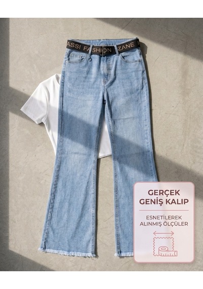 Zanessi Büyük Beden Toparlayıcı Kemerli Bol Paça Denim Kadın Pantolon Mavi